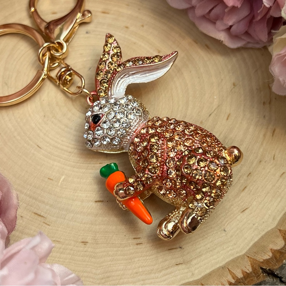 Champagne and Silver Crystal Bunny Rabbit with Carrot Keychain Charm - Picture 7 of 16